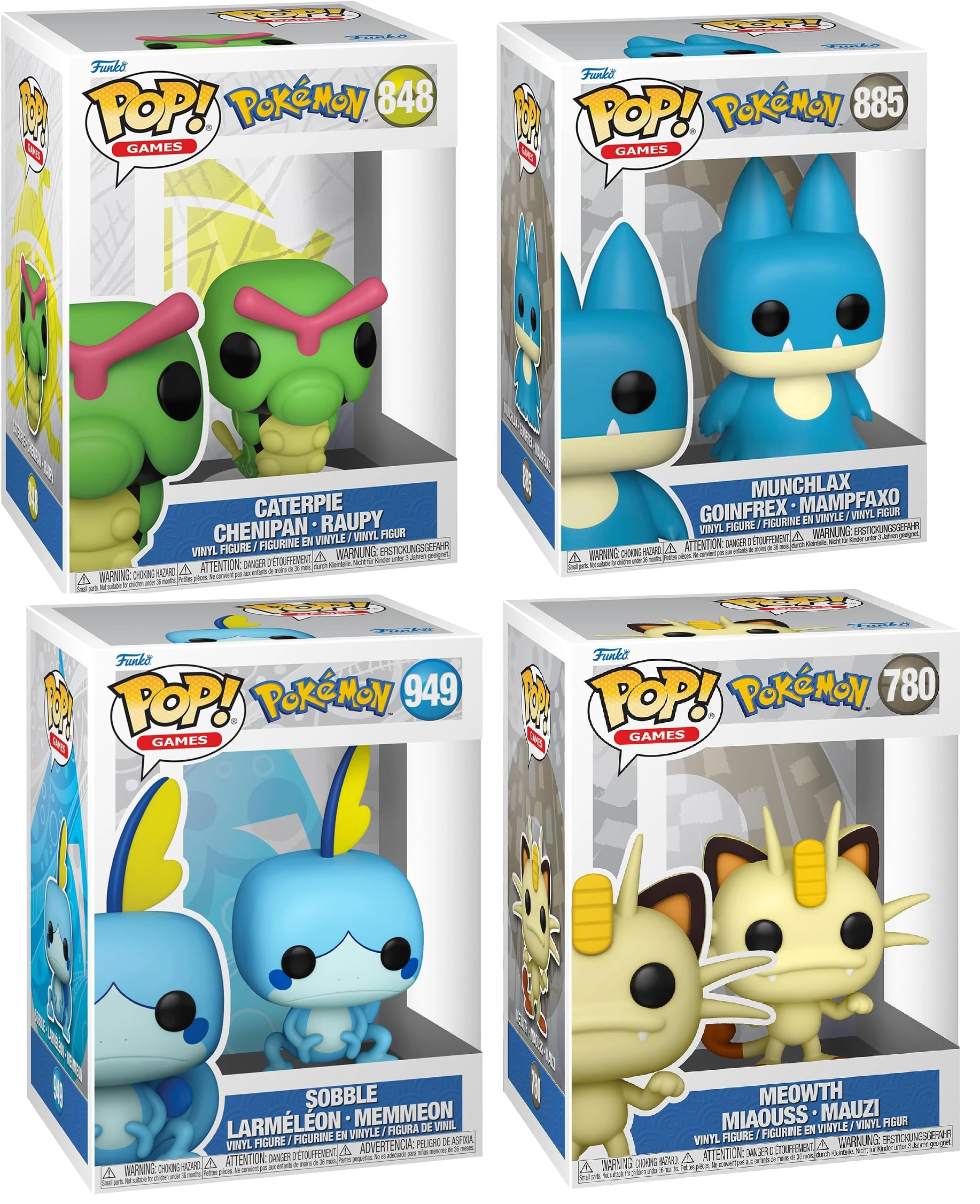 Figurine POP - Pokemon - Miaouss / Chenipan / Goinfrex / Grookey / Larméléon